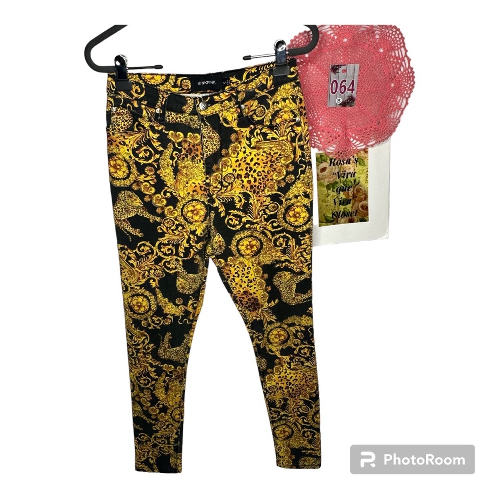 MinkPink Outrageous Fortune Barocco High-Rise Skinny Jeans Gold/Black Small - Picture 4 of 13